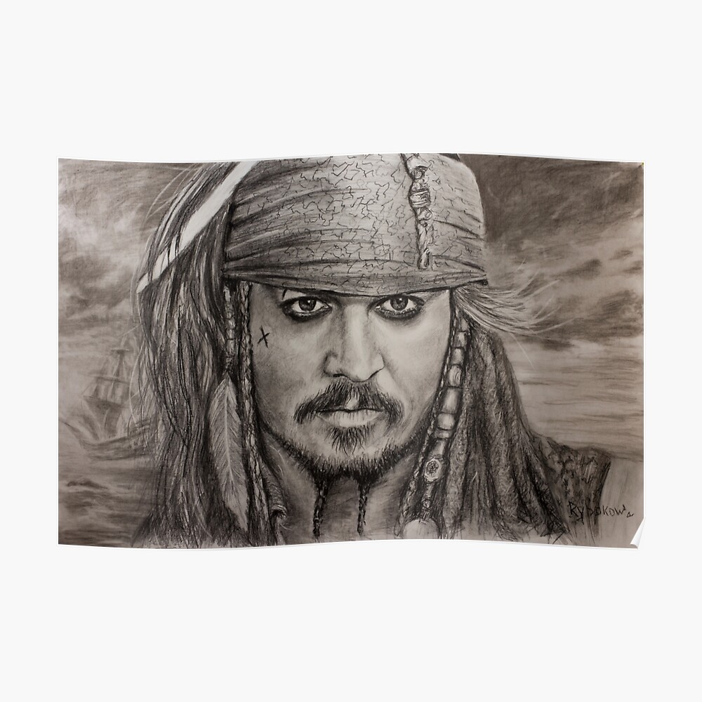 new JOHNNY DEPP PIRATES  WITH CHARCOAL SOFT PASTEL PAINT PRINT ON FRAMED CANVAS 
