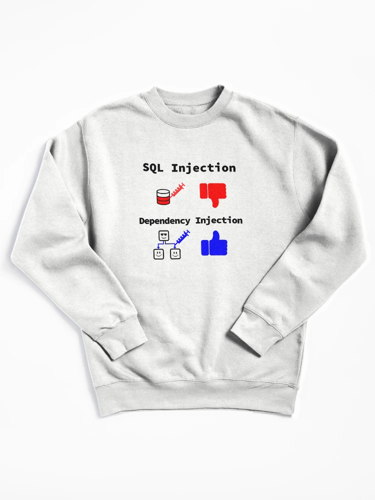 Thumbnail 1 of 6, Pullover Sweatshirt, SQL Injection vs. Dependency Injection, Databases, Database Developer, Software Engineer, Computer Science, Programming Humor designed and sold by Max-Wear.