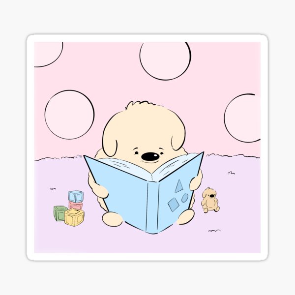 Puppy Reading Books in the Baby Nursery Digital Dog Art Sticker