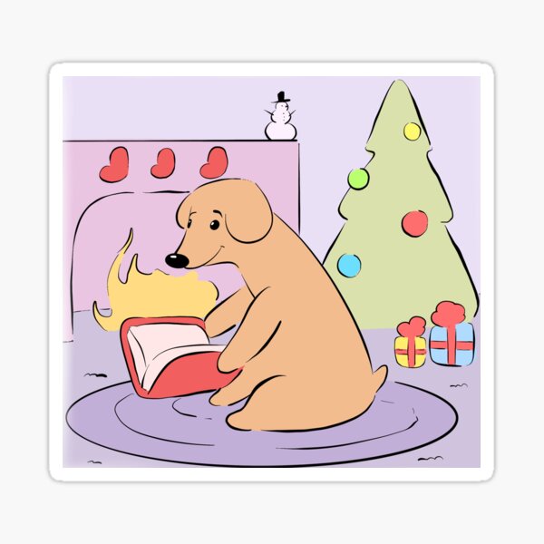 Christmas Puppy Reading Books Fireside Digital Dog Art Sticker