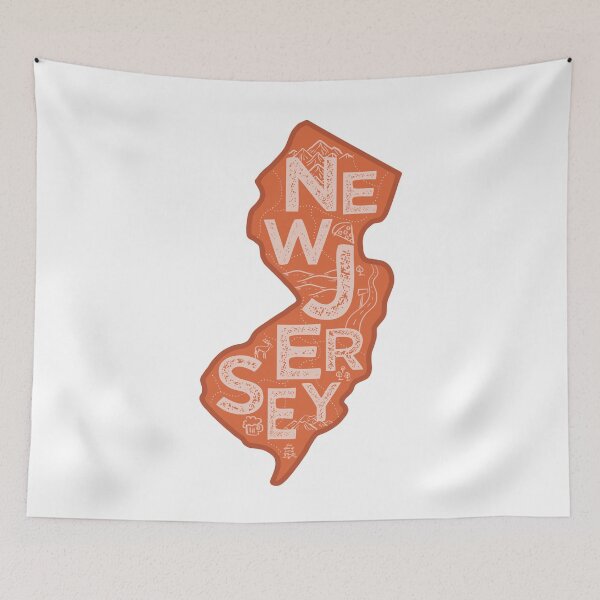 Aperçu de l'œuvre New Jersey Map Typography Red créée et vendue par HelloGentry.
