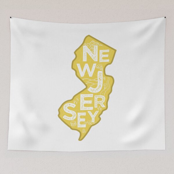 Aperçu de l'œuvre New Jersey Map Typography Gold créée et vendue par HelloGentry.