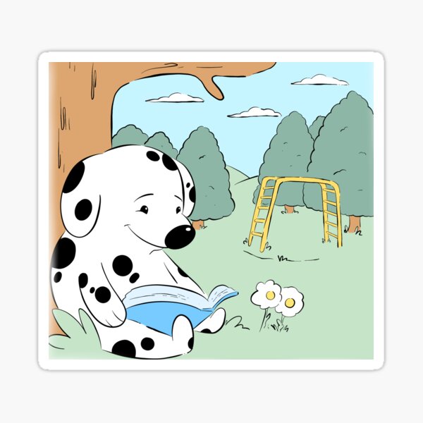 Dalmatian Puppy Reading Books Park Summertime Digital Dog Art Sticker