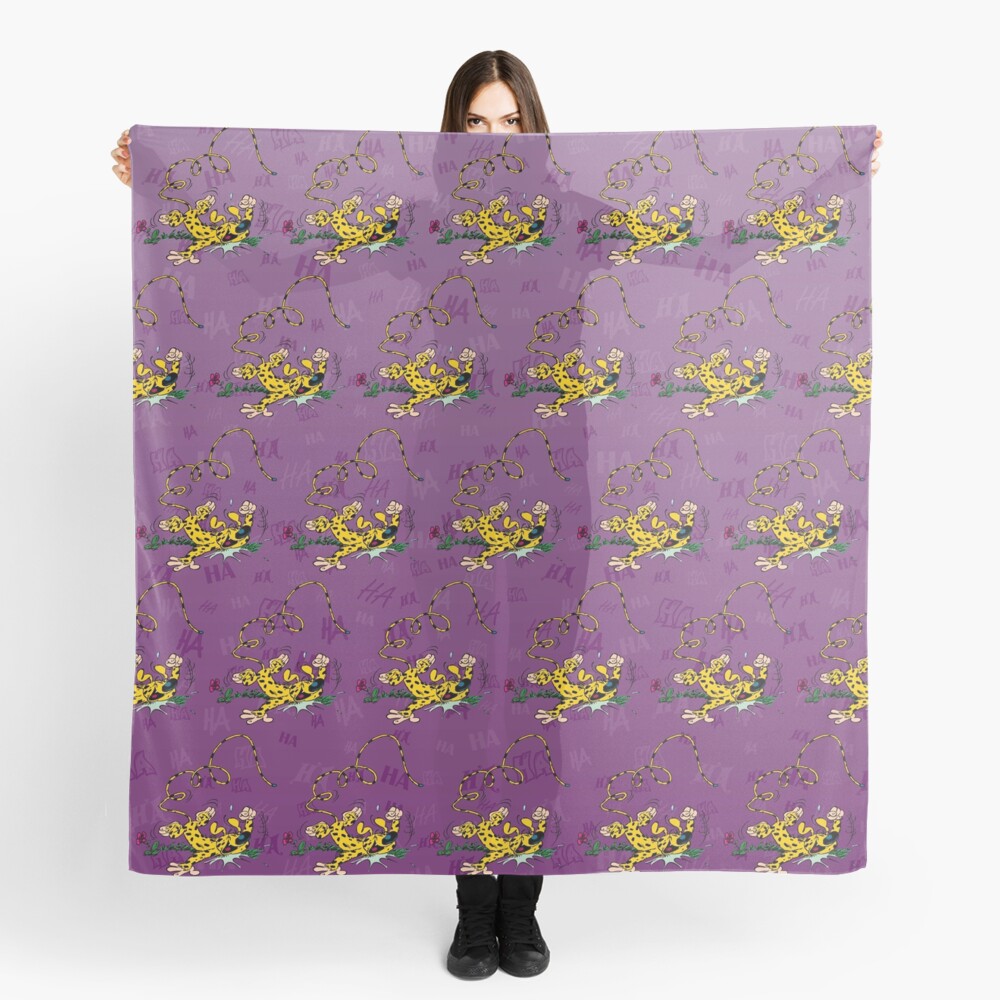 Marsupilami laughing on floor / Background Purple Scarf