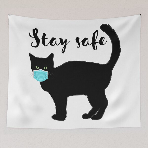 Item preview, Stay safe. Black cat with surgical mask, illustration and text. Lower case. designed and sold by JellyBeenzz.