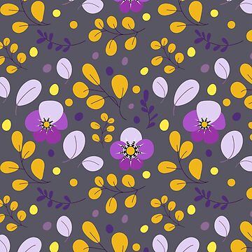 Artwork thumbnail, Purple flowers and gold leaves pattern with a dark background    by vectormarketnet
