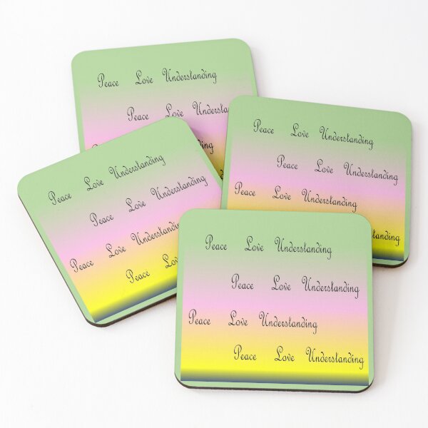 Artikelvorschau, Regenbogenfarbe - grün, rosa, gelb mit den geschriebenen Worten Frieden, Liebe, Verständnis entworfen und verkauft von Vicky Rodden.