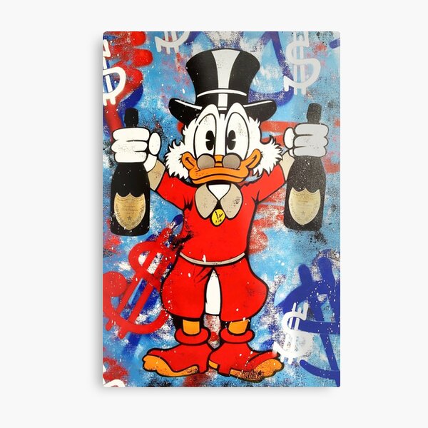 Scrooge McDuck hält Flaschen Wein Metallbild