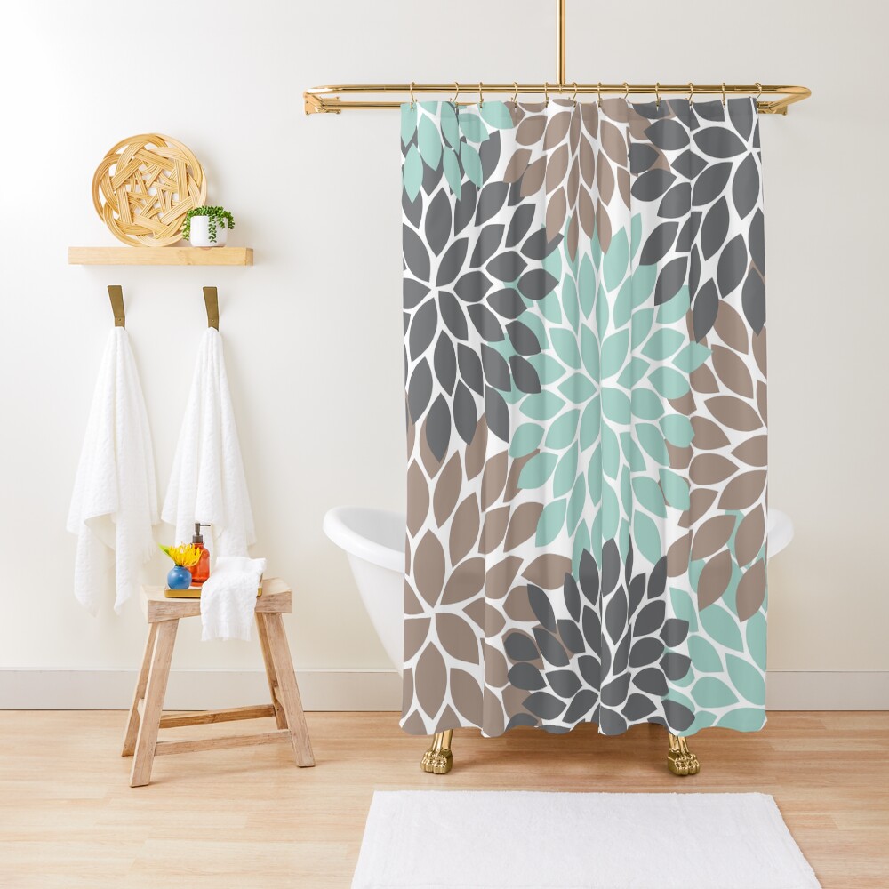 "Flower Burst Petals Aqua Brown Charcoal Gray" Shower Curtain for Sale by