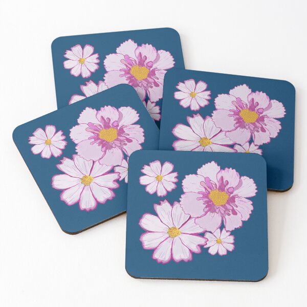 Item preview, Pink Cosmos Flowers On Navy Background designed and sold by dpeepowl.