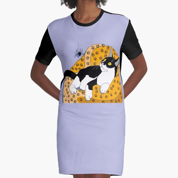 Cute Tuxedo Cat with a spider Graphic T-Shirt Dress