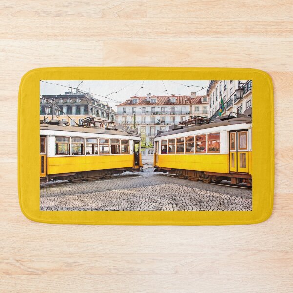 Item preview, Two yellow vintage trams meeting in Lisbon center designed and sold by Rrrainbow.