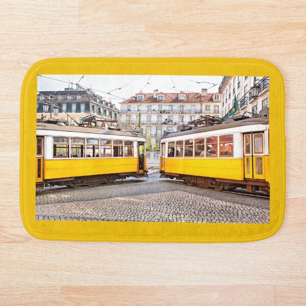 Item preview, Two yellow vintage trams meeting in Lisbon center designed and sold by Rrrainbow.