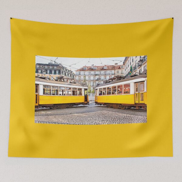 Item preview, Two yellow vintage trams meeting in Lisbon center designed and sold by Rrrainbow.