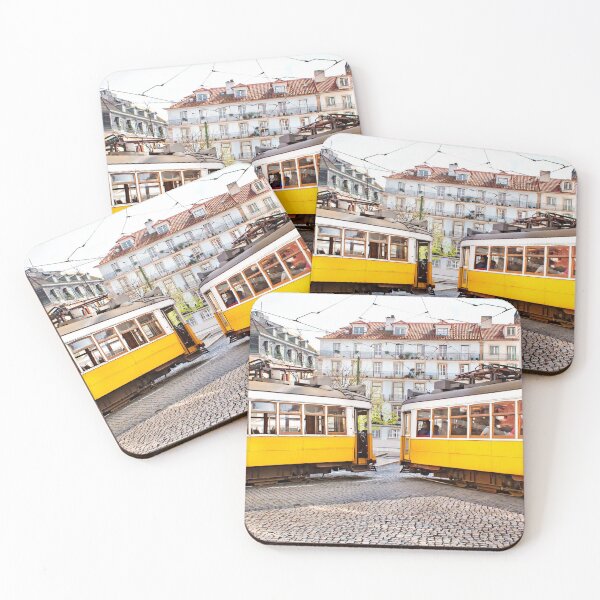 Item preview, Two yellow vintage trams meeting in Lisbon center designed and sold by Rrrainbow.