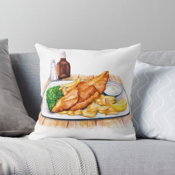 Fish & Chips - Watercolour food illustration Throw Pillow