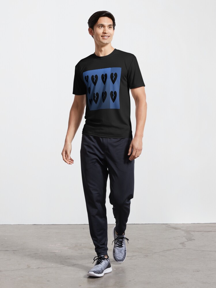 Alternate view of 9 black broken hearts with different shades of blue background Active T-Shirt