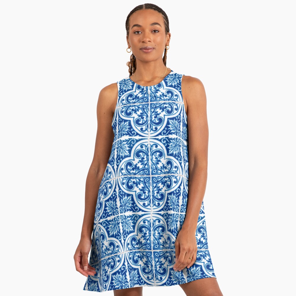 blue and white tile print dress Damask Tile Print Maxi Shirt Dress main image 1
