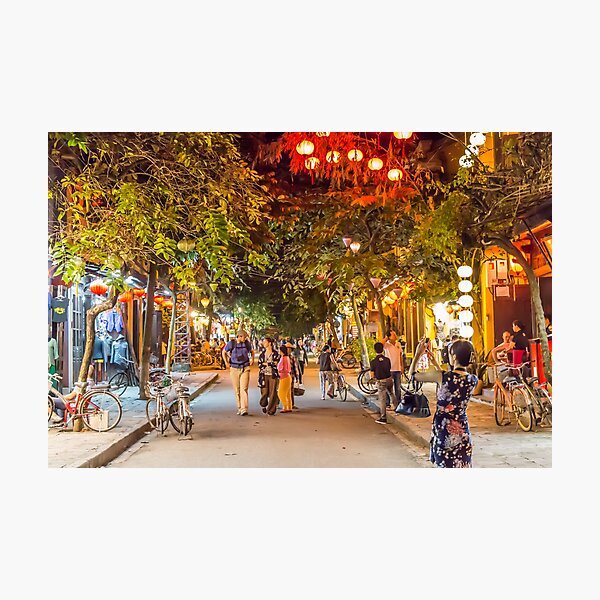Le loi street at night, with lanterns, trees and suit shops, Hoi An, Vietnam Photographic Print