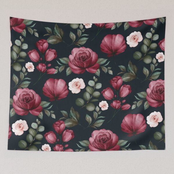 Item preview, Watercolour Red Roses and Green Leaves Pattern on Dark Navy Blue Background designed and sold by thelustrous.