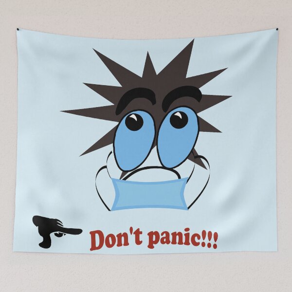 Item preview, Character wearing a medical mask with the word "don't panic" designed and sold by Olha Volokhova.