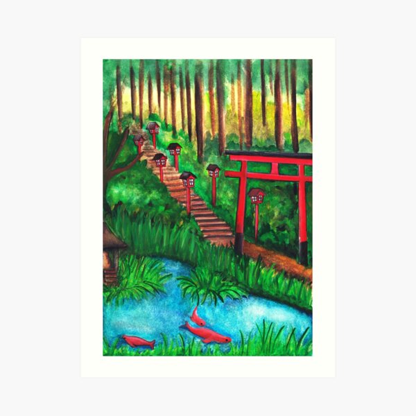 Watercolor - Japanese temple tori gate Art Print