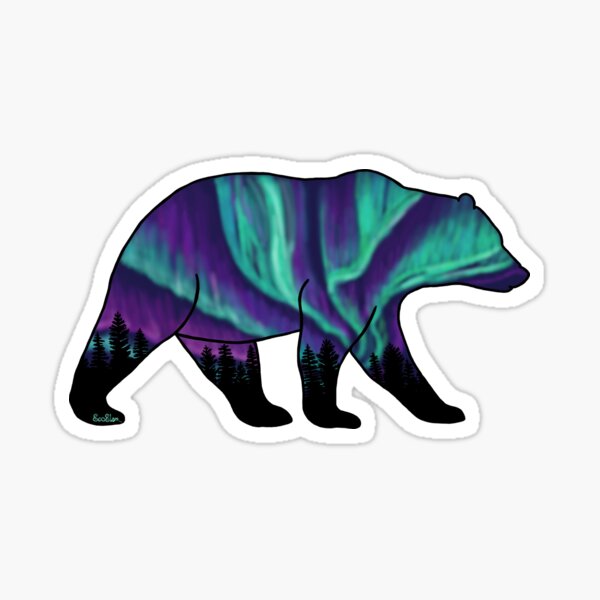 Brown Bear Silhouette - Northern Lights - Storm Gray Sticker