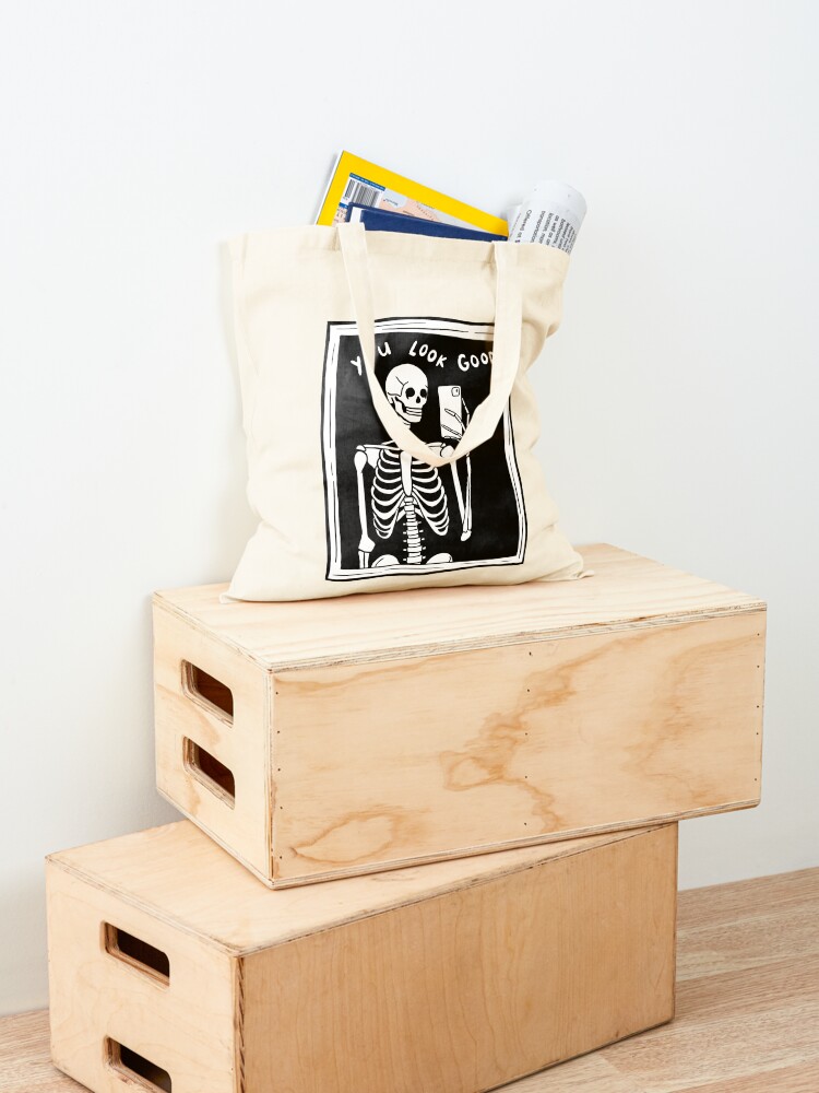 Alternate view of you look good skeleton mirror selfie black and white Tote Bag