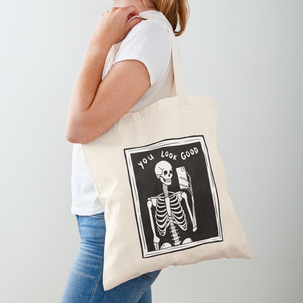 you look good skeleton mirror selfie black and white Tote Bag