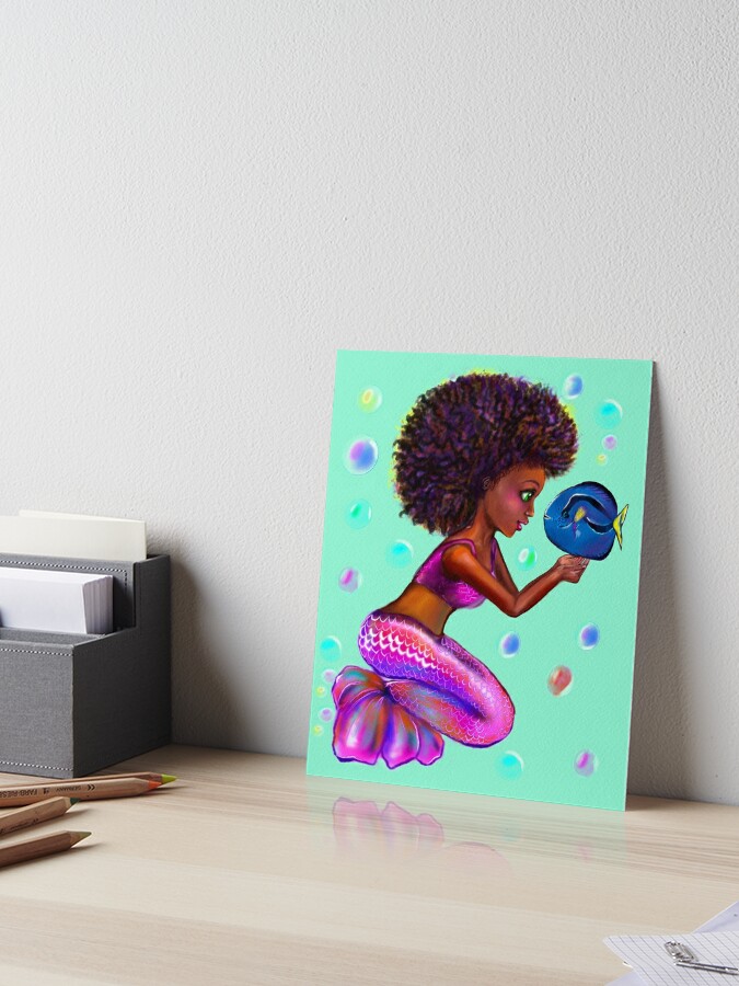 Best fishing gifts for fish lovers 2022. anime mermaid with blue tang fish  and bubbles. Pretty black and white girls with Afro hair, green eyes,  Cherry pink lips and dark brown skin.