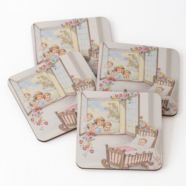 Item preview, Vintage birth announcement card for baby girl with open window  and flowers designed and sold by Photopat.