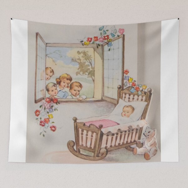 Item preview, Vintage birth announcement card for baby girl with open window  and flowers designed and sold by Photopat.
