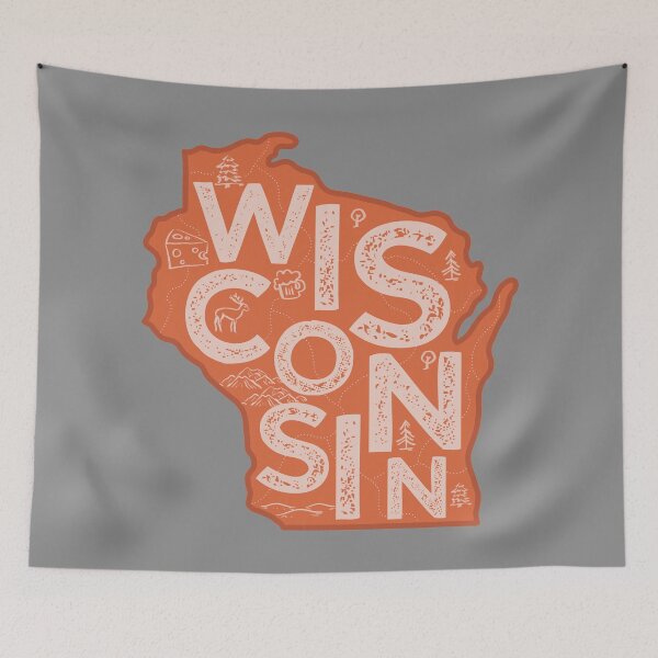 Aperçu de l'œuvre Wisconsin Map Typography Red créée et vendue par HelloGentry.