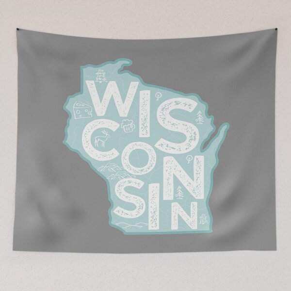 Aperçu de l'œuvre Wisconsin Map Typography Blue créée et vendue par HelloGentry.