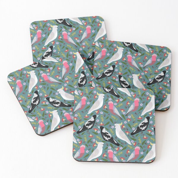 Item preview, Turquoise Gallah Australian Magpie Geraldton Sulfur Crested Cockatoo Wattle Red Gum Flowers designed and sold by Lozzie Eliza Designs.