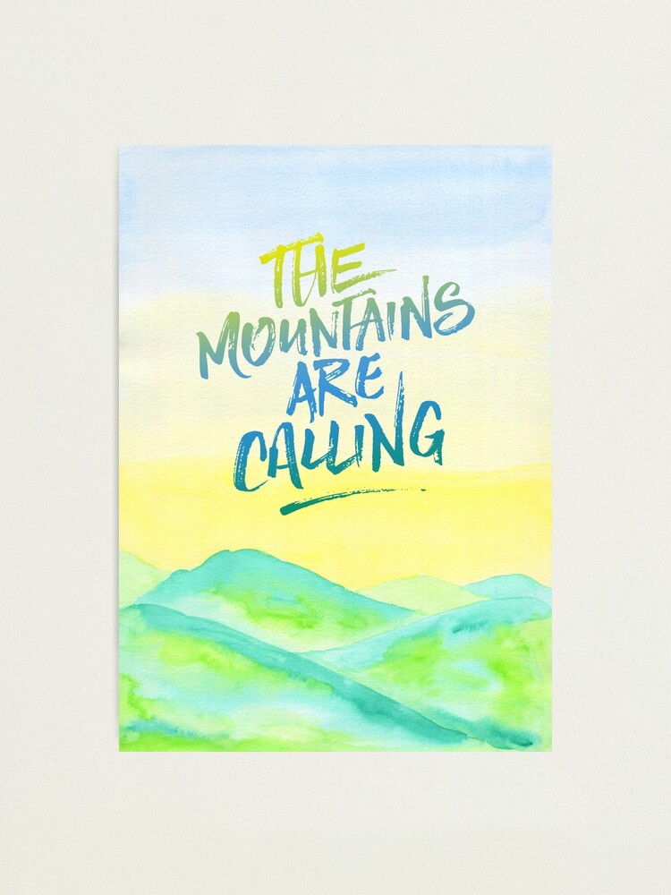 Alternate view of The Mountains Are Calling Yellow Blue Sky Watercolor Painting Photographic Print