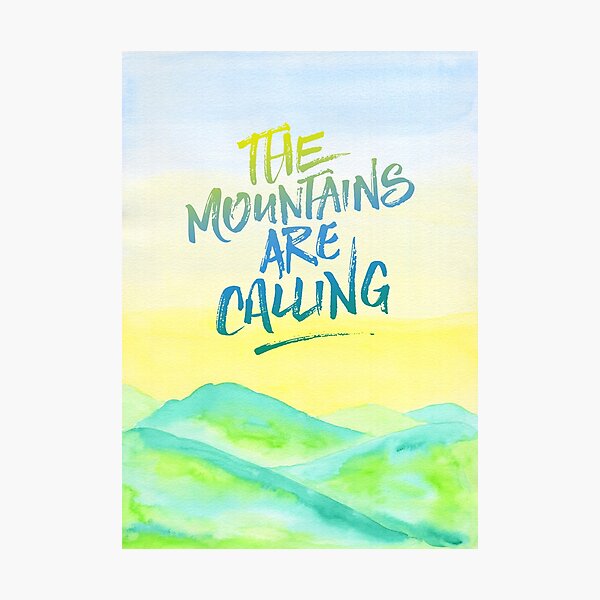 The Mountains Are Calling Yellow Blue Sky Watercolor Painting Photographic Print