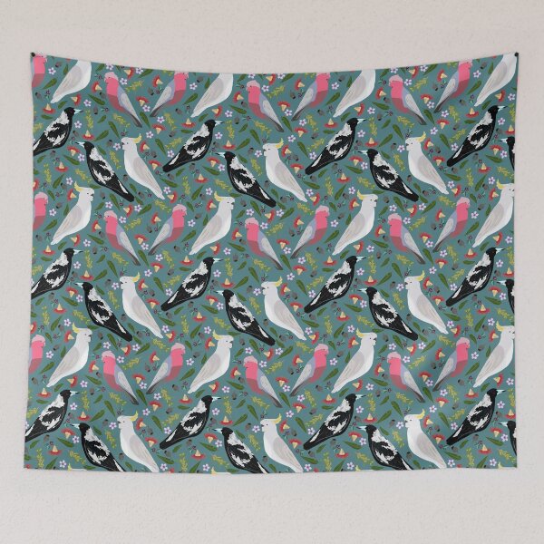 Item preview, Turquoise Gallah Australian Magpie Geraldton Sulfur Crested Cockatoo Wattle Red Gum Flowers designed and sold by Lozzie Eliza Designs.