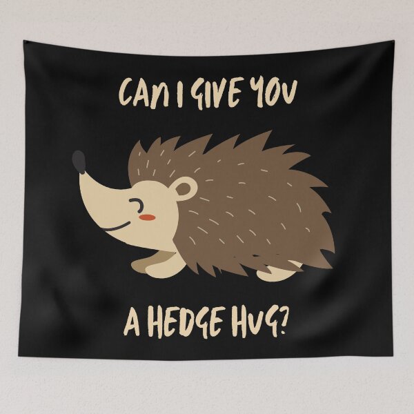 Item preview, Hedgehug. Can I give you a hedge hug? Cute hedgehog illustration, light colour text, dark background. designed and sold by JellyBeenzz.