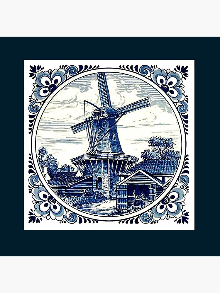 " DUTCH BLUE DELFT : Vintage Windmill Print" Throw Pillow for Sale by