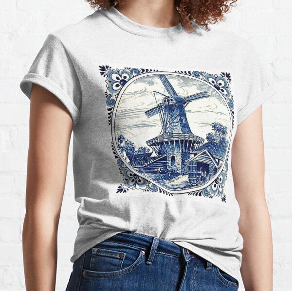 DUTCH BLUE DELFT : Vintage Windmill Print Classic T-Shirt