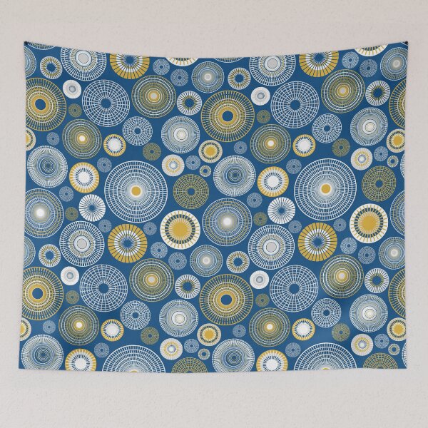 Aperçu de l'œuvre Motif de cercles blancs et jaunes sur fond bleu créée et vendue par colorofmagic.