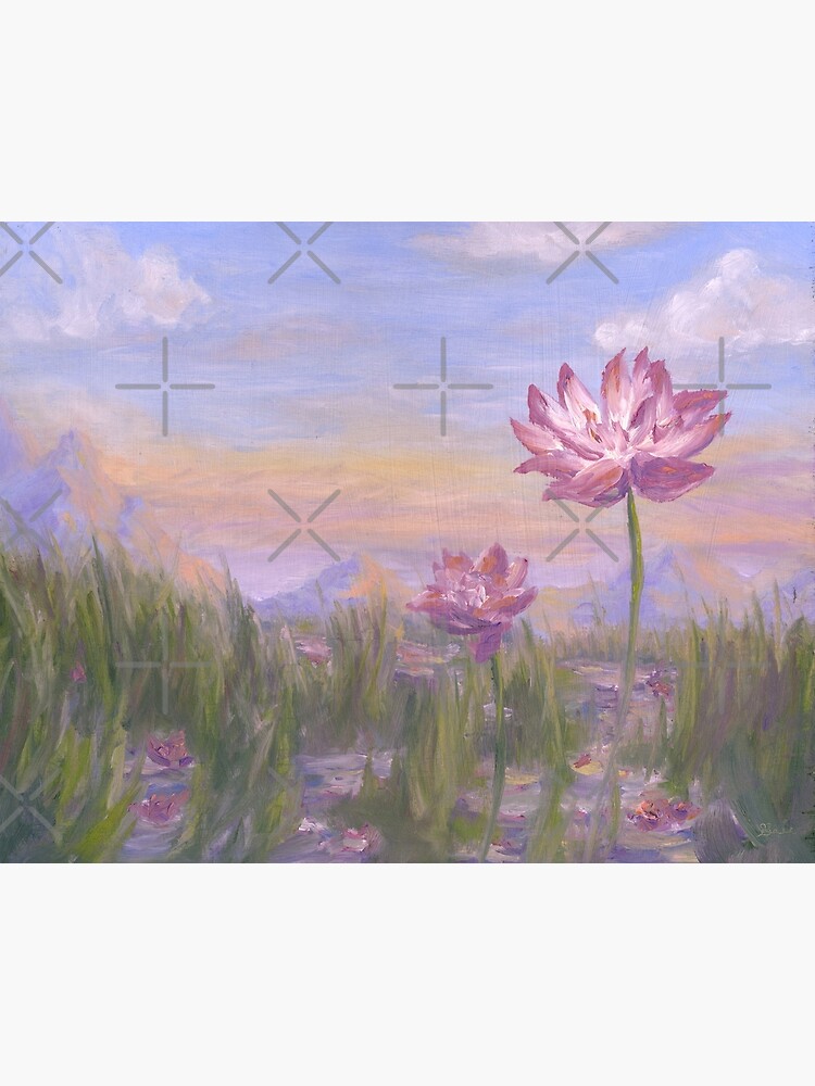 Pink Lotus Flower  Mountain Landscape Oil Greeting Card for Sale