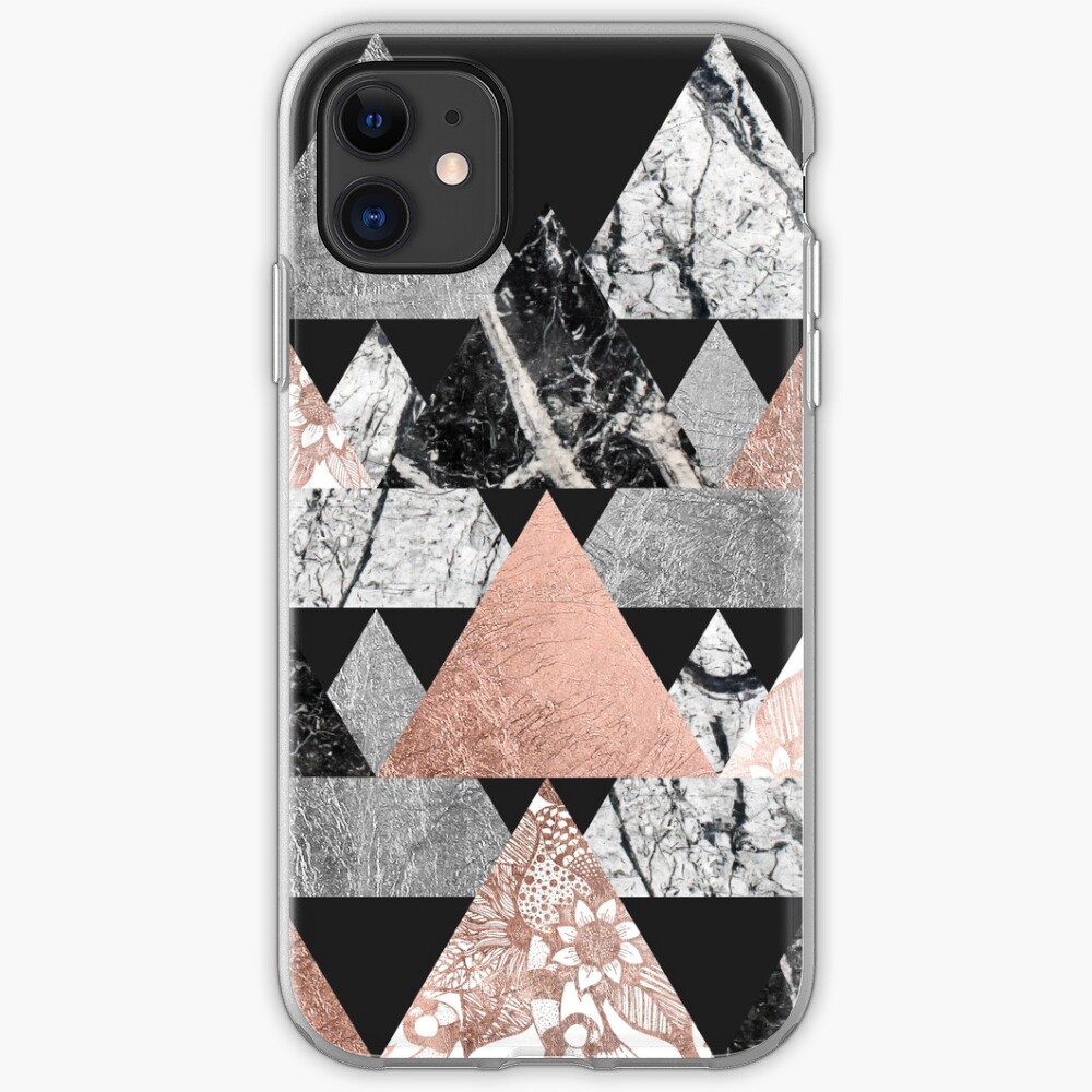 Marble Rose Gold Silver y Floral Geo Triangles Funda y vinilo para iPhone