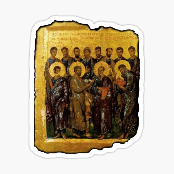 Twelve Disciples. Synaxis, Christianity, Twelve Apostles, Russian, 14th century, Moscow Museum. On White. Sticker