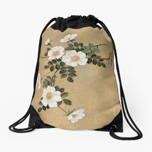 White Roses on gold Drawstring Bag