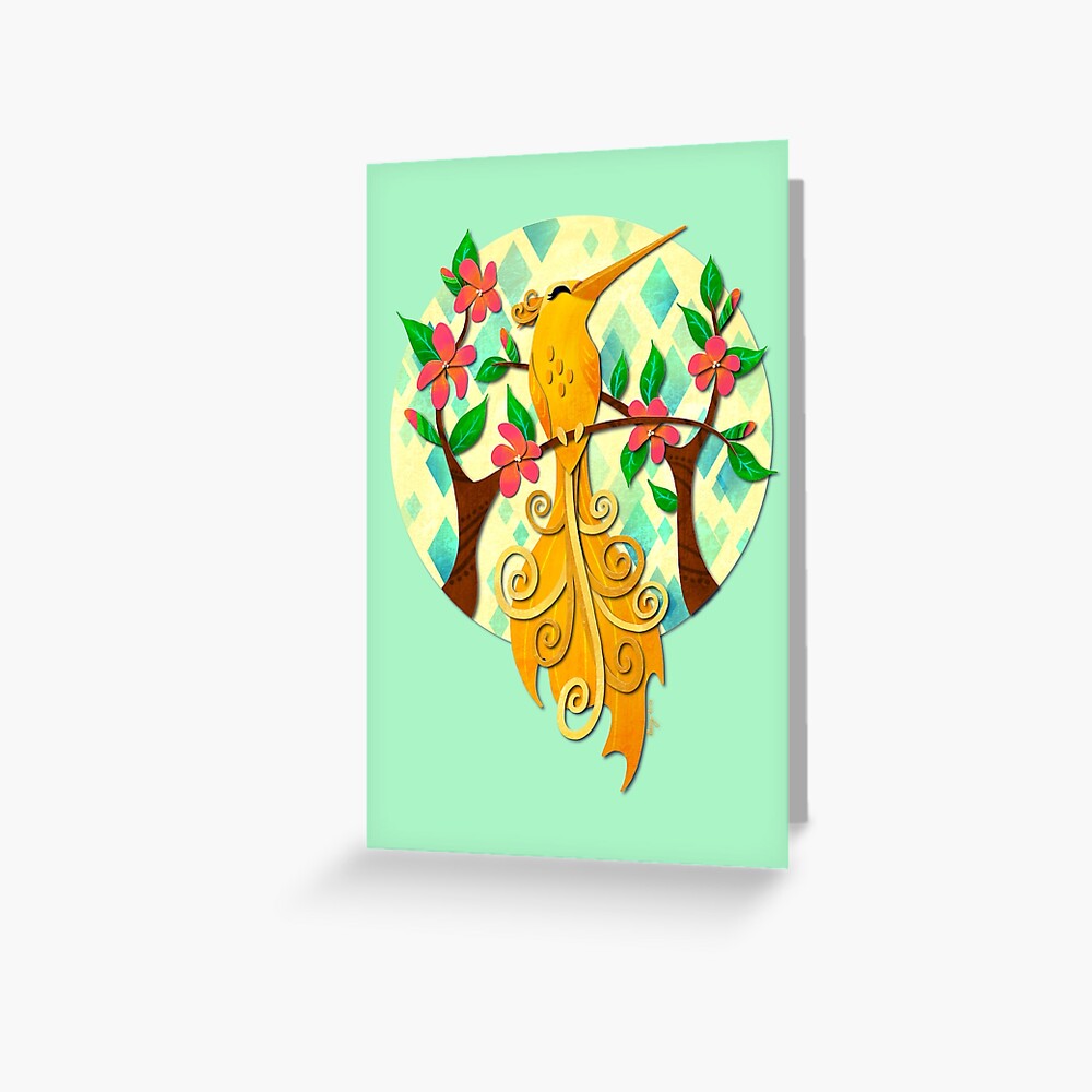 Yellow Hummingbird Aqua Greeting Card