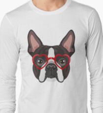 Boston Terrier Dog Hipster Glasses Long Sleeve T-Shirt
