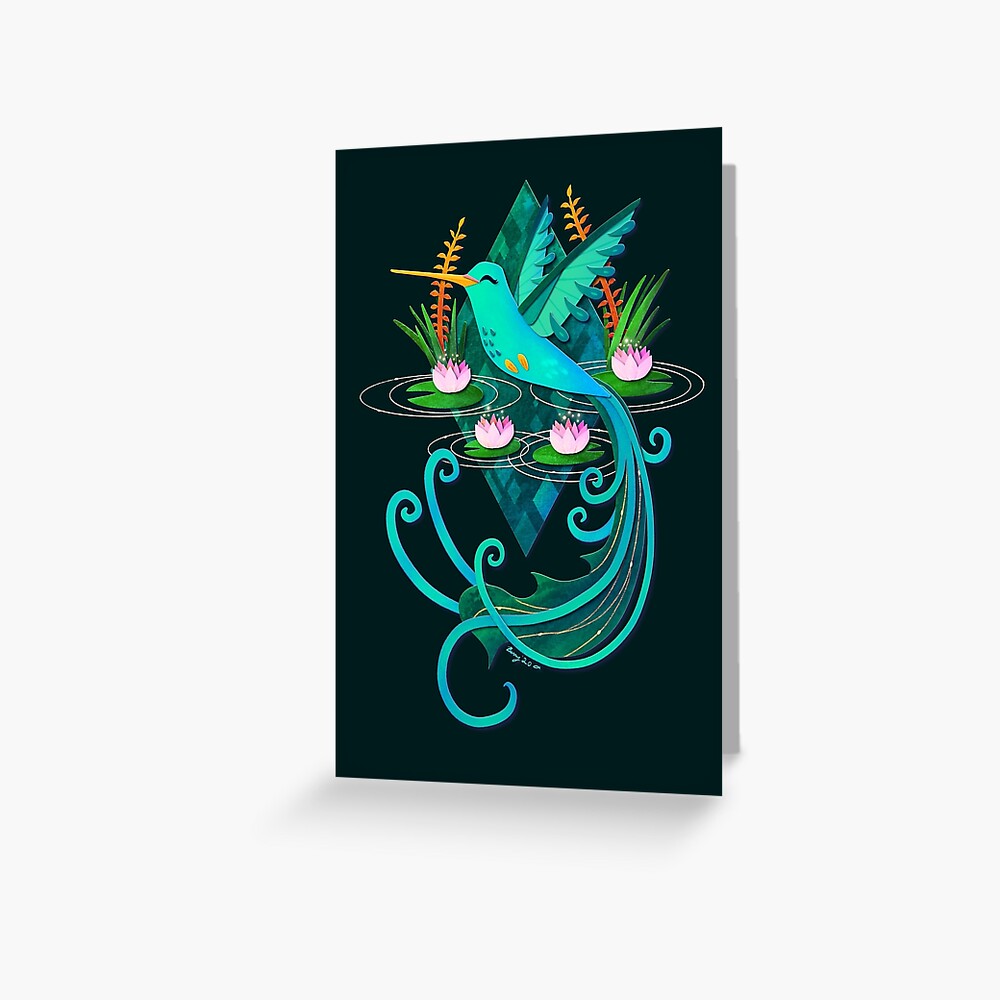 Waterlily Hummingbird Dark Greeting Card