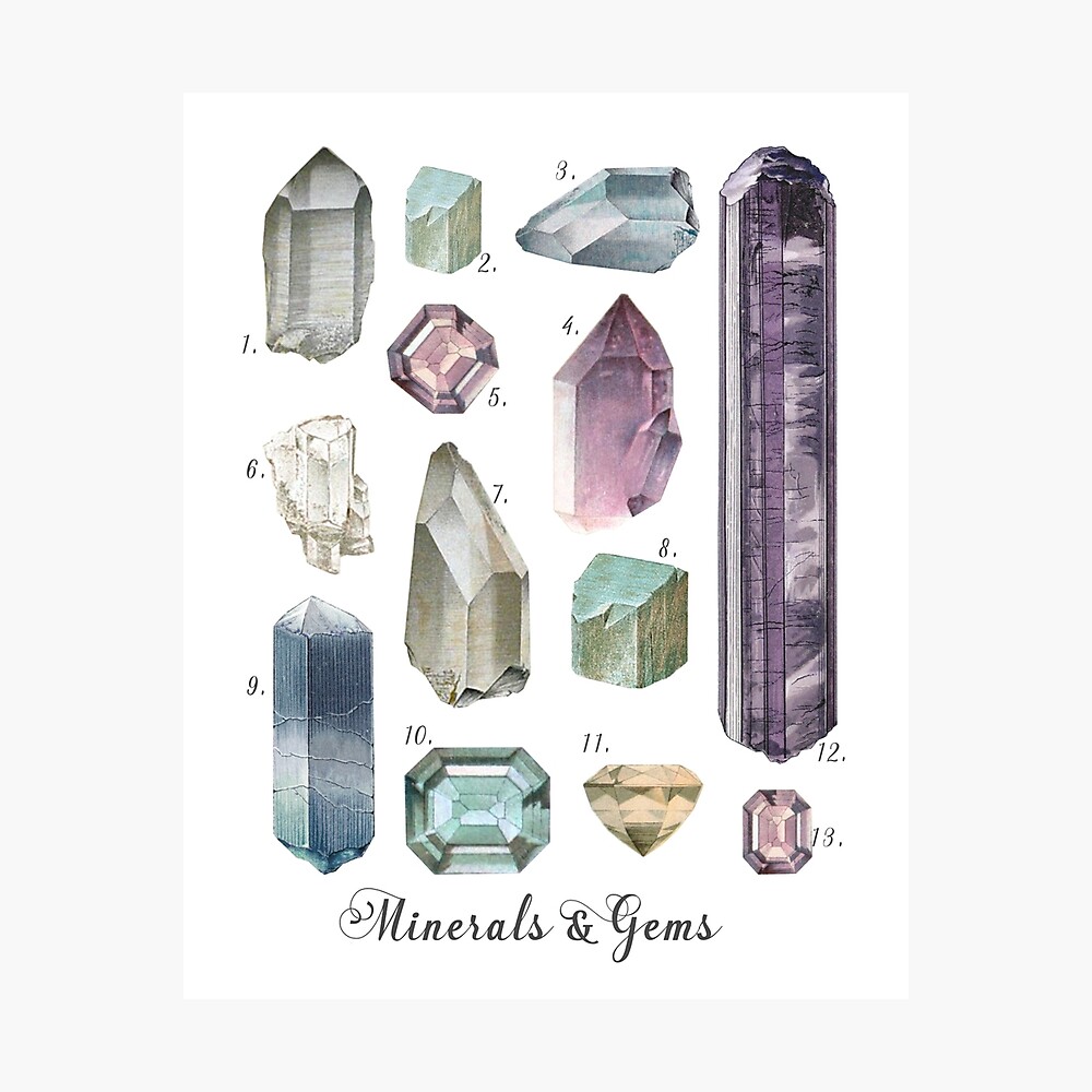Vintage Gemstone Print Mineral Vintage Print Crystals Print Datolite